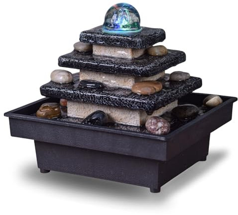 Fontana interna Cascata Scala Tempio Luce Colorata, Decorazione d'interni Zen Rilassante Soggiorno, Camera da letto, Ufficio, Fontana da Tavolo Decorativa, Idea Regalo, H 18x20x18 cm – Eka Zen'Light