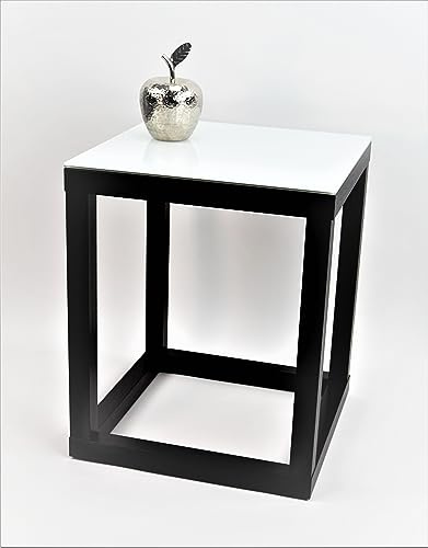 freeroom24, Beistelltisch, Wohnzimmertisch, Couchtisch, Coffee Table, Kaffeetisch, Blumenhocker, Blumensäule, Cube, Schwarz Holzstruktur, Glas weiß, 40 x 40 x 50cm, Made in Germany