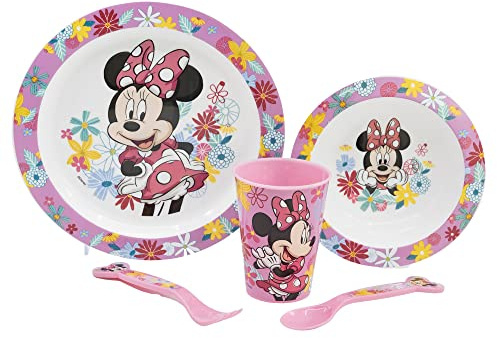 5-TEILIGES KINDERGESCHIRRSET. TELLER, SCHÜSSEL, 260ML GLAS UND BESTECK. BPA-FREI UND MIKROWELLENGEEIGNET. | MINNIE MOUSE MOUSE SPRING LOOK, Bunt