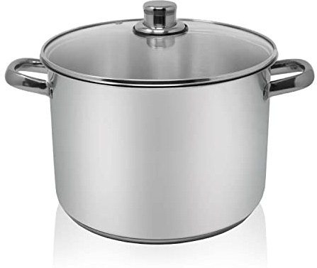 Krüger Edelstahl Allzwecktopf mit Glasdeckel Ø 26 cm (10 L) | PFAS-frei & unbeschichtet | Mit Glasdeckel, Hohlgriffen & Kapselboden | Induktionsgeeignet | Für Suppen, Eintöpfe & Pasta
