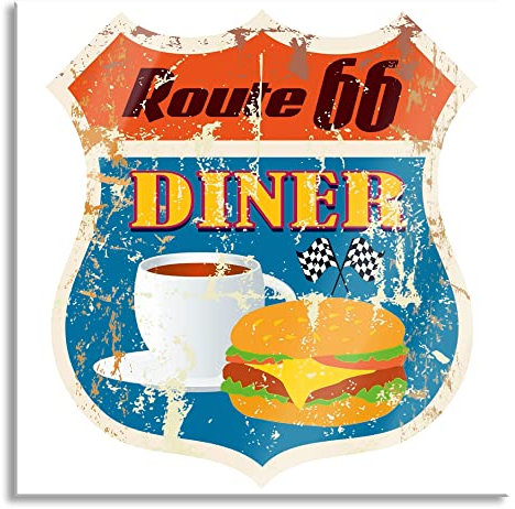 Pixxprint Glasbild, Wandbild auf Echtglas, Altes Route 66 Schild Diner, 40x40 cm, inkl. Aufhängung und Abstandshalter