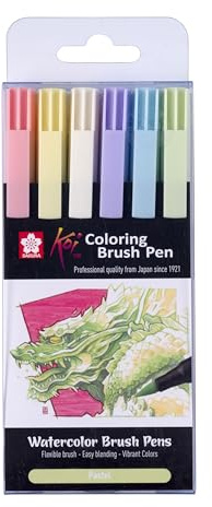 SAKURA Koi Colouring Pinselstifte Set - 6 Pastellfarben - Flexible Pinselspitzen - Tinte auf Wasserbasis - Perfekt zum Skizzieren & Journaling