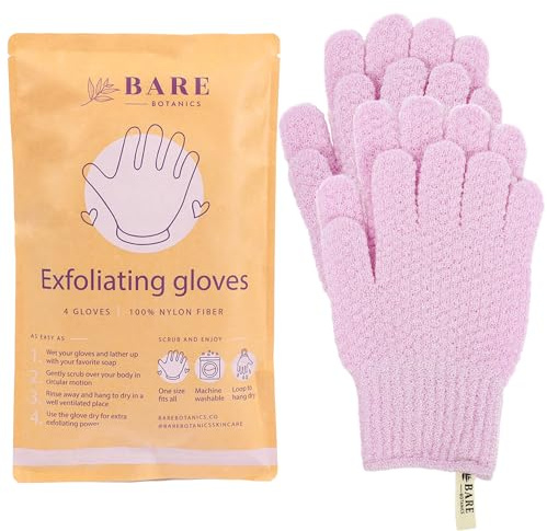 Bare Botanics 4 Pack Lavender Exfoliating Shower Gloves - 100% Nylon Fibers for Gentle Exfoliation - for Both Wet or Dry Exfoliation - Machine Washable - Vegan & Cruelty-Free
