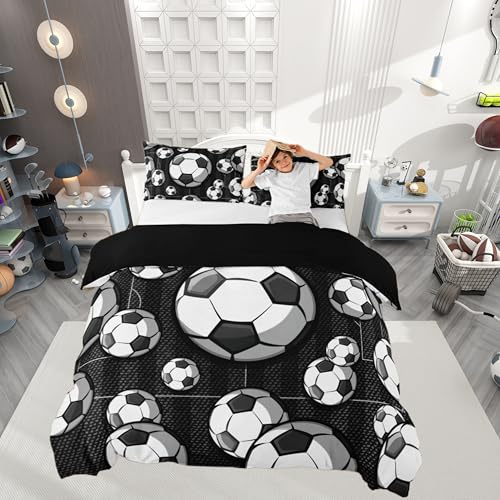 Soccer Duvet Cover,Children Black White Football Bedding Set,Geometric Comforter Cover for Boys Kids Room Decor,Teens Sports Ball Gamer Bedspread Cover Queen Size with 2 Pillow Cases(No Comforter)