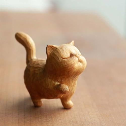 Keeplus Tiny Cute Wooden Cat, Kleine süße hölzerne Katze, Handgefertigte, aus Holz Geschnitzte Katzen, Holzornamente, Buchsbaum kleine hölzerne Katze Figuren, stolze Kätzchen Ornament (A)