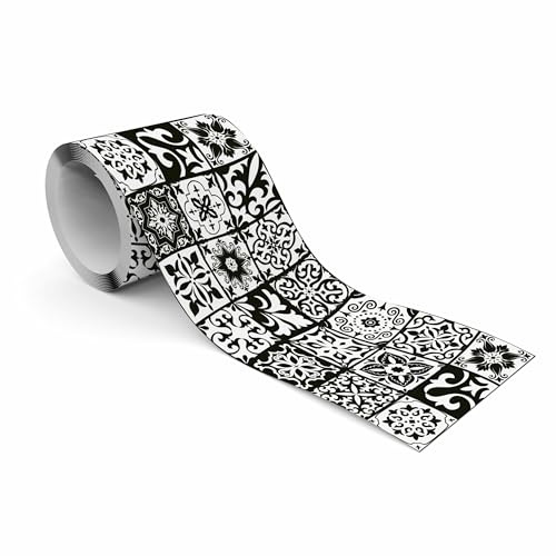 Muralo Bordüre Selbstklebend Schwarz-weißes Mosaik, Wandbordüre - 10x300 cm | Tapetenbordüre, Modernes Design, UV-beständig, halbmatt, glatt und abriebfest - ideal für Wohnzimmer und Schlafzimmer