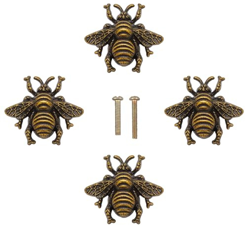 LLDYNW Bienenknöpfe, Hummel, Schrankknäufe, Insekten, Schublade, Tier, Einzellochgriffe für Kommode, antike Kommode, Badezimmerschränke, Bronzefarben, 4 Stück