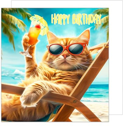 Edition Seidel Biglietto di auguri di compleanno quadrato con busta. Happy Birthday Billet animal card uomo donna cool gatto spiaggia umorismo divertente festa (GQ147 SW024)