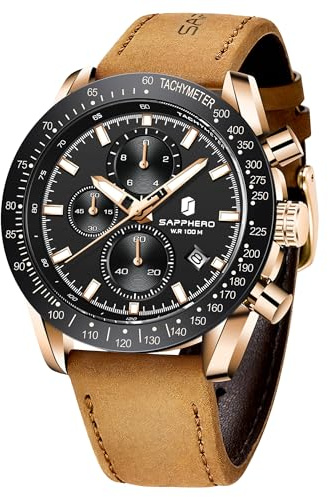 SAPPHERO Montre pour homme, bracelet en cuir, mouvement à quartz, montre chronographe multifonctionnelle, lumineux, calendrier étanche, résistant aux rayures, montre de luxe d'affaires décontractées