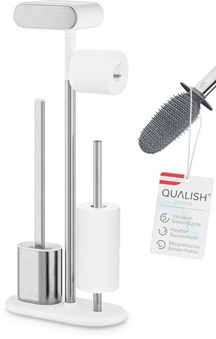 QUALISH® Toilettenpapierhalter stehend mit Bürste (Silikon) - Klopapierhalter stehend aus SS201 Edelstahl - WC Garnitur stehend - Klorollenhalter stehend - Toilettenpapierhalter mit Bürste (Weiß)