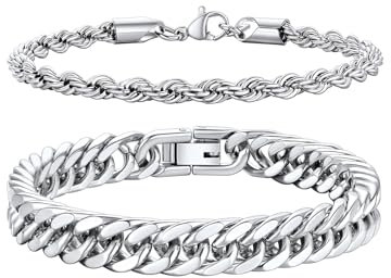 Richsteel Edelstahl 2 Stück Armbänder für Herren gestapelt 8MM Double Weave Arc Armband & 3MM Twist Armband Silber 19CM