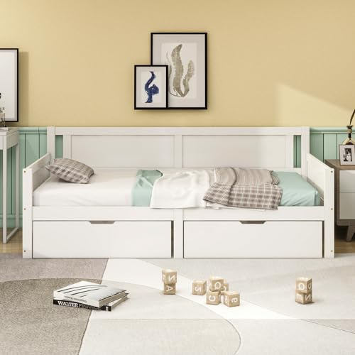 Lexiou Sofá cama de 90 x 200 cm, cama individual con dos estantes, marco de madera maciza, cama juvenil, cuna (blanco)