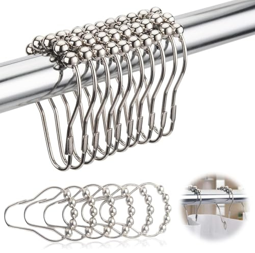 12 StüCk Duschringe Duschvorhangringe, Duschvorhanghaken Edelstahl, AufhäNgeringe mit Gleitsystem für Duschvorhangstange, Kleiderstange (Silber)