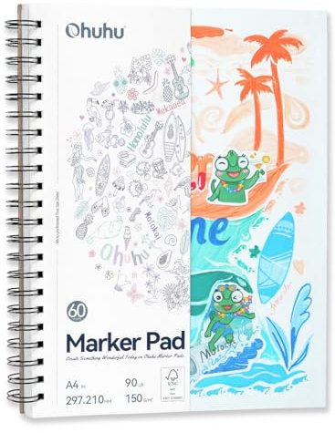 Ohuhu A4 Skizzenbuch Doppelseitig Durchschlagfest - 120 Seiten (60 Blatt) 150 g/m² Papier Säurefrei - ohne Durchdrücken, Spiralbindung für Alkoholmarker & Aquarell, Ideal für Illustration & Porträt