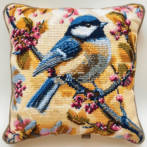 RKFLGEW DIY knüpfen set erwachsene Vögel auf dem Baum knüpfkissen Tiere und Blumen Knüpfset für Kissen，DIY，handgefertigtes Kissen，Häkelgarn，Stickerei，Knüpfset für Kissenbezüge 43x43cm