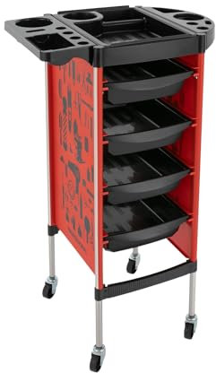 WooDerson Kosmetikstudio Arbeitswagen Mit 4 Schubladen, Friseurwagen Mit Rollen, Tragfähigkeit (Jede Ebene) 15kg, Friseur Salonwagen Für Tierhandlungen, Bürogebäude, Bibliotheken (Rot)