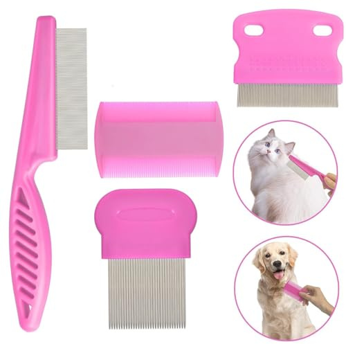 Kämme für Katzen und Hunde, Flohkamm zum Entfernen von Flecken, Feine abgerundete Zähne, Haustierpflege-Werkzeug Hundekämme für Kleine, Mittelgroße und große Haustiere (Rosa, 4 Stück)