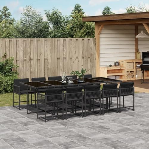 Somanki 11-TLG. Garten-Essgruppe mit Kissen Schwarz Poly Rattan, Esstisch Mit Stühlen Set, Gartenmöbel Sitzgruppe, Balkon Möbel, Gartenlounge Set, Terrassenmöbel, Balkonmöbel Set - 3211471