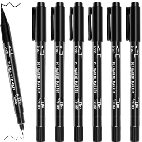 newatty 6 Rotulador Permanente Negro, Punta Doble Bolígrafos de Punta Fina Marcadores Acrílicos Negros Rotulador Indeleble Negro Rotuladores Fineliner para Dibujo Bocetos Artísticos DIY Pintura