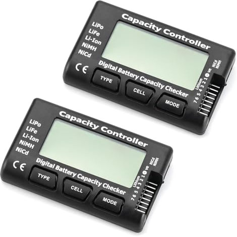 QWORK RC Cellmeter Controller Tester Voltage Tester, 2 Pack, 7 Digital Battery Capacity Checker Compatible with LiPo Life Li-ion NiMH Nicd Battery