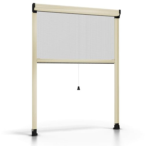ESTO Insektenschutzrollo für Fenster, in Höhe und Breite zuschneidbar, Aluminiumrahmen, verschiedene Größen und Farben, Insektenschutznetz für Schiebe- und Flügelfenster (Elfenbein, 60 x 150 cm)