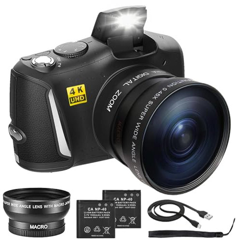 novzzovaz Cámara digital con lente macro y gran angular 48MP 4K cámaras para fotografía, cámara de vlogging para YouTube, cámara compacta para principiantes con dos baterías recargables