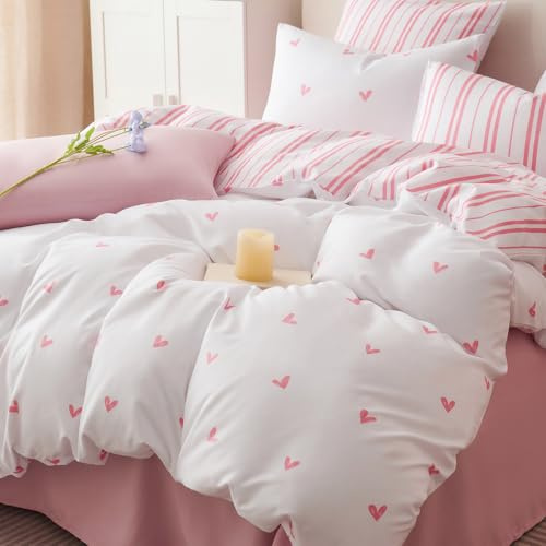Sedefen Bettwäsche 135x200cm Rosa Weiß Herz Bettwäsche Herzenmuster Streifen Wendebettwäsche Set 2Teilig Weiche Microfaser Mädchen ÖKO-TEX Bettbezug mit Reißverschluss und Kissenbezug 80x80cm