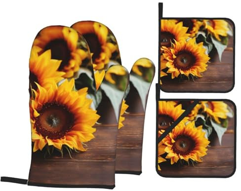 Guanti da forno in legno con stampa girasoli e presine, resistenti al calore, per cucinare e grigliare