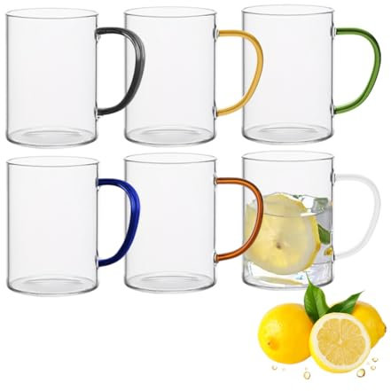 KUNANG Juego de 6 tazas de café de cristal, tazas de café transparentes con asas coloridas, vasos de té, vasos para beber perfectos para latte, capuchino, té, jugo