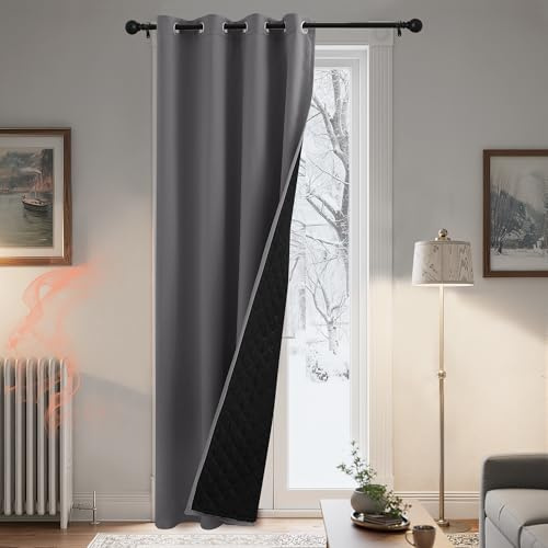 PONY DANCE Cortina 100% Opaca Termica Aislante Frio para Puerta, Cortinas Grises Acusticas Aislantes Luz con Forro Grueso 1 Pieza para Salon/Dormitorio con Ojales,140x240cm