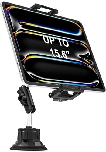 LYFPOOM Aluminium LKW Windschutzscheibe Tablet/Handy Halterung | No-Shake Design, Extra Starker Saugnapf, Passt Für Auto, iPad Pro, Air, Mini, Galaxy, iPhone, 6.1-15.6 Geräte