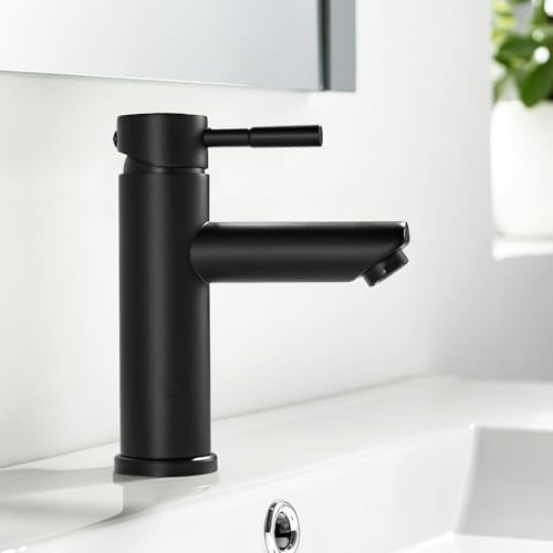 kisimixer Wasserhahn Bad Schwarz, Einhebel-Waschtischarmatur Mischbatterie | 304 Edelstahl, Einloch Waschbecken Armaturen, Armatur Badezimmer Für Kalt-/Warmwasser, Messing