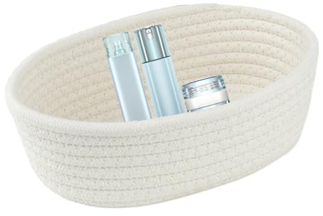 Cesto in corda di cotone, cestino per giocattoli, cestino, porta snack, contenitore in tessuto ovale resistente per cosmetici da scrivania o presentazione regalo (non tessuto)