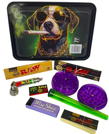 Wise Skies The Dawg Small Rolling Tray Set With King Size Slim Raw Black Papers Purple Rolling Tips and Crusher Smoker Rolling Bundle Kit (8 Items)