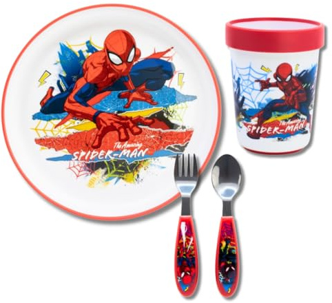 Stor, Kindergeschirr Set, Kinder Geschirrset & Kinderbesteck Edelstahl, Set für Jungen und Mädchen mit Rutschfestem Teller, Becher+Löffel & Gabel aus Edelstahl, No BPA, Wiederverwendbar (Spiderman)