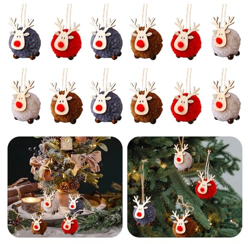 12 Pezzi Ornamenti Natalizi in Peluche a di Renna, Pendenti Legno Natalizi Addobbi Albero, Decorazioni in Legno di Alce per Addobbi Albero di Natale e Feste