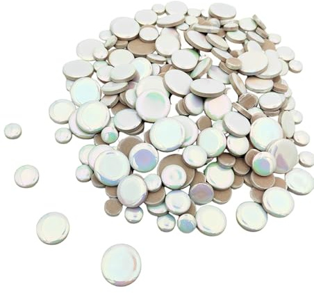500 g schillernde runde Keramik-Mosaikfliesen, gemischte 4 Größen, Kreismosaikstücke für Blumentöpfe, Vasen, Tassen, Garten und Heimdekoration, Bastelzubehör (weiß)