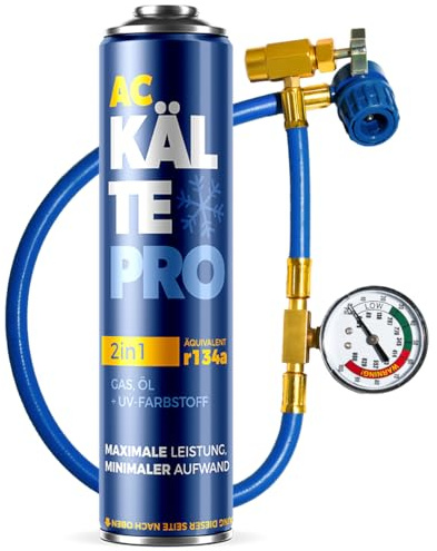 KÄLTEPRO 2in1 Klimaanlage Nachfüllset Auto R134a - Kältemittel Ersatz & Schmieröl - Klimagas zum Klimaanlage selbst befüllen & auffüllen – PKW & KFZ (1995-2016) - 500ml (1 Dose + Schlauch)
