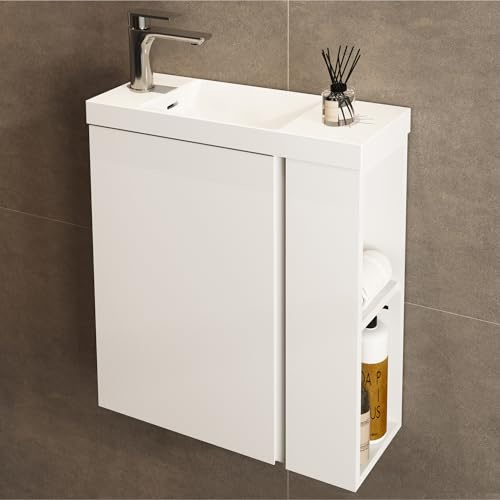 JINDOLI Waschbecken mit Unterschrank 55 cm - Badmöbel Set mit 2 Tier seitliche Ablagen außen & Haken, Vormontiert Waschbeckenunterschrank Klein für Bäder, Gäste WC (Mattweiß)