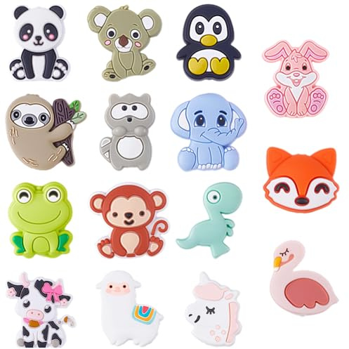 SUNNYCLUE 15 style de Perles en Silicone pour Animaux Panda Grenouille Lapin Singe Ours Bétail Dessin Animé Espaceurs Lâches pour Stylos Porte Clés Bracelets Colliers Boucles D'Oreilles Cordons Bricol