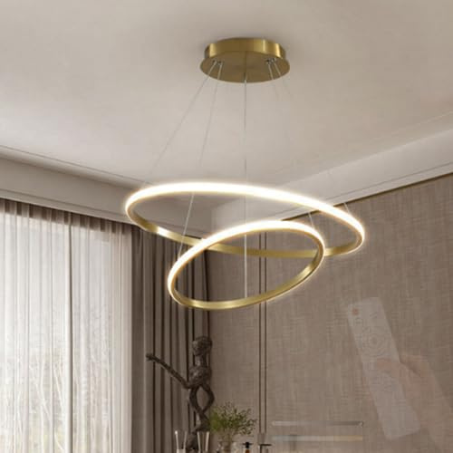 TZSMUM Moderne LED Innen Kronleuchter mit Fernbedienung Hängeleuchte 2700K-6500K Dimmbar Pendellampe Eisen Silikon Minimalistisch Rund Design für Esszimmer Wohnzimmer Korridor (A,Gold)