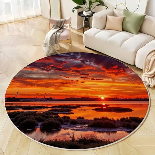 MLSOWM Tappeto Rotondo da 140cm Tappeto Antiscivolo Tramonto Sul Lago Lavabile in Lavatrice Tappeti Scendiletto Canne E Paludi Facile da Pulire per Sala da Pranzo, Tavolino, Balcone, Arancia