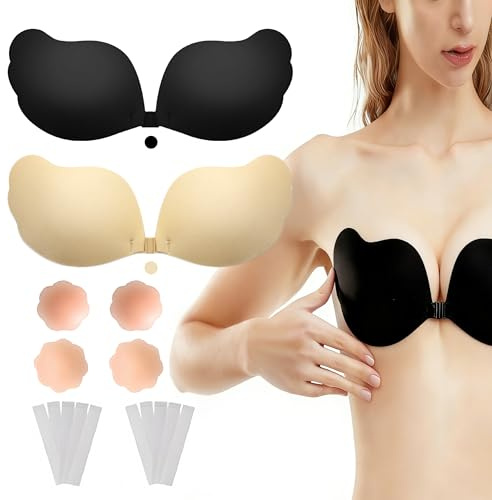 LEBOKJ Soutien-Gorge Adhésif Invisible Lot de 2 – Push-up sans Armatures et sans Bretelles, Auto-Adhésif Haute Tenue pour Dos Nus & Robes Décolletées– Inclus 4 Pastilles et 10 Rubans de Rechange（B）
