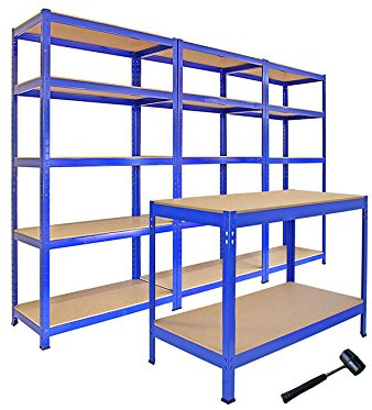 Yavolo Heavy Duty Garage Storage System 3 T-Rax Steel Shelving Units 5 Tier Racking with 120cm Q-Rax Workbench Workshop Shed Warehouse Organisation DIY Storage Solution Mallet Bundle
