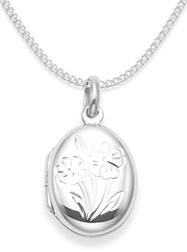 Heather Needham 925 Sterling Silver Children's Locket Necklace on 15 Silver Chain - opening locket with flowers - Size: 17mm x 14mm. Quality Gift Box 8011/15/B54.