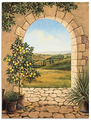 ARTland Wanddeko Wandbild Alu Verbundplatte für Innen & Outdoor Bild Landschaften Fensterblick Malerei Creme Zitronenbaum vorm Torbogen A7CU