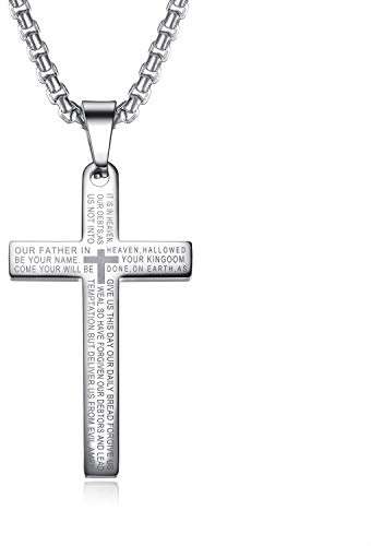 LeapoFaith Cross Charm for Car Rear View Mirror, Pendant Stainless Steel Lord's Prayer Necklace for Men Women, Decorative Car Hanging Charm Ornament with Bible Verse (Silver)