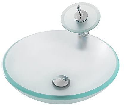SHUGUANG Lavabo de Vidrio Templado, Cristal Esmerilado Lavabo Cristal Templado Ronda Lavamanos Cristal Baño, Lavabo sobre Encimera para Baño con Grifo de Cascada, Drenaje de Agua,420×420×145mm