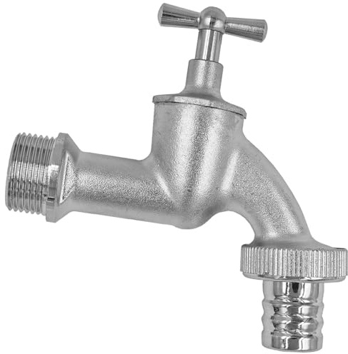 MegaHaustechnik Auslaufventil mit Knebelgriff, Messing matt verchromt, Wandanschluß 3/4 Zoll AG, Abgang Kunststoff-Tülle Außendurchmesser 20mm für 3/4“ Schlauch, Absperrhahn Wasserkran silber