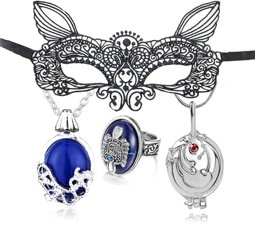 HJYZY 4 Stück Vampire Schmuck Daywalking Sapphire Eröffnung Eisenkraut Medaillon Halskette Wappen Ringe Halloween Gothic Spitze Augenmaske